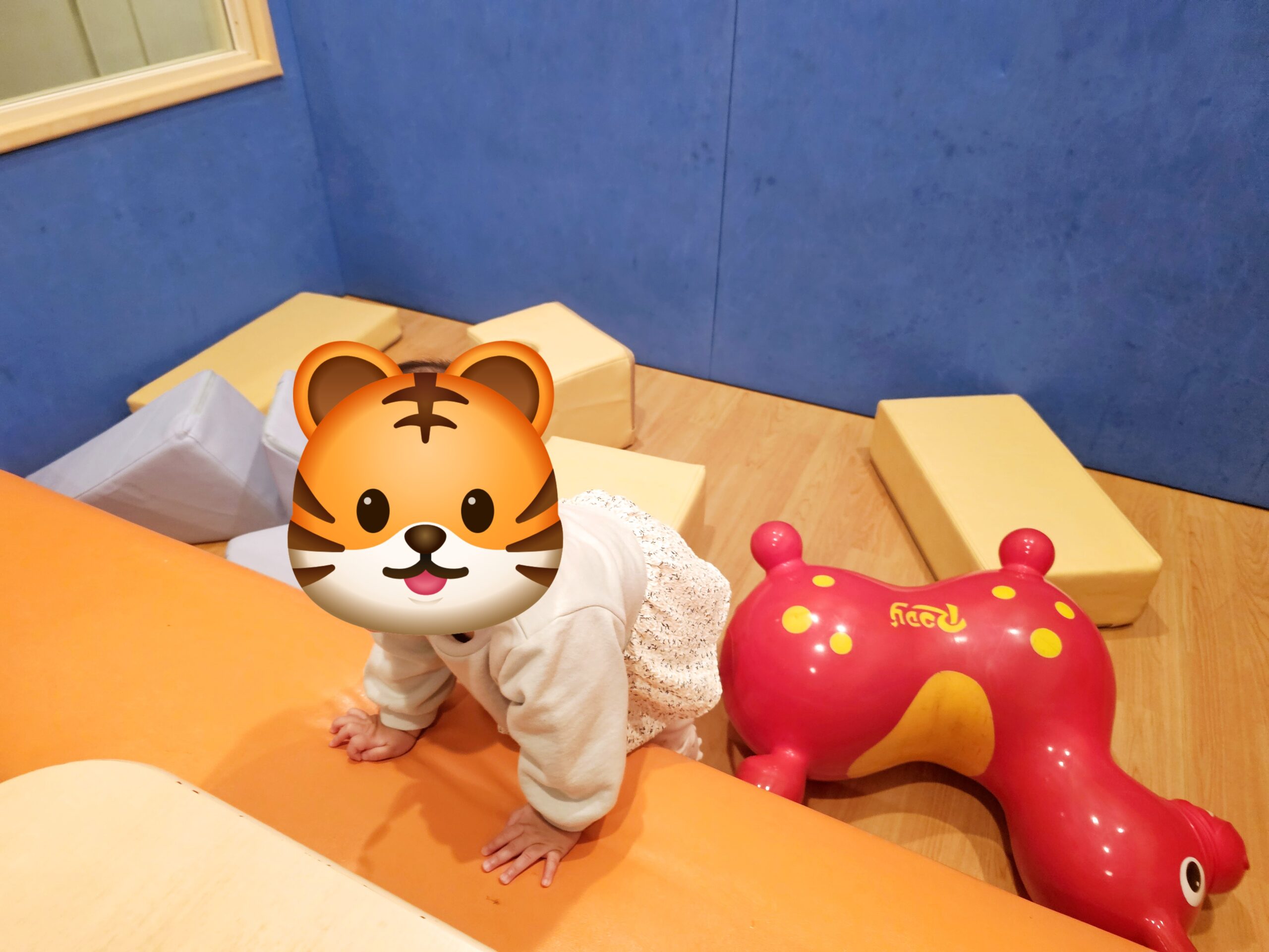 0歳の子供がファミリールームの遊具で遊ぶ様子